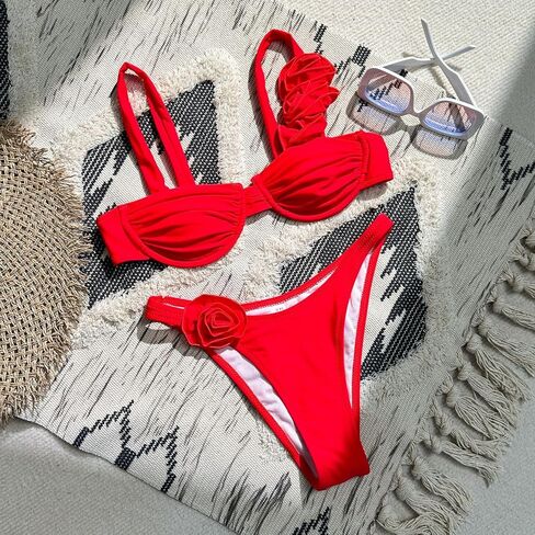 Women's 2 Piece Rose Floral Appliques Bikini Set Elegant Ruched Underwire Swimsuit High Cut Bathing Suit in Saudi Arabia