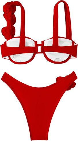 Women's 2 Piece Rose Floral Appliques Bikini Set Elegant Ruched Underwire Swimsuit High Cut Bathing Suit in Saudi Arabia