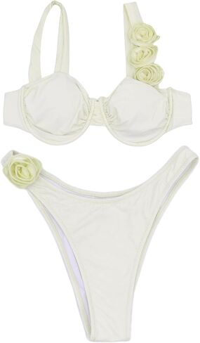 Women's 2 Piece Rose Floral Appliques Bikini Set Elegant Ruched Underwire Swimsuit High Cut Bathing Suit in Saudi Arabia