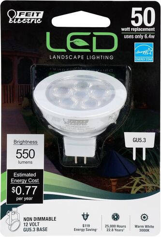 Feit Electric LED MR16 Bulb, 50W Equivalent, GU5.3 Bi-Pin Base, Non-Dimmable, 550 Lumens, 3000K Warm White, Track Light Bulbs for Landscaping, 22-Year Lifetime, BPLVEXN/830CA/6, 6 Pack in Kuwait
