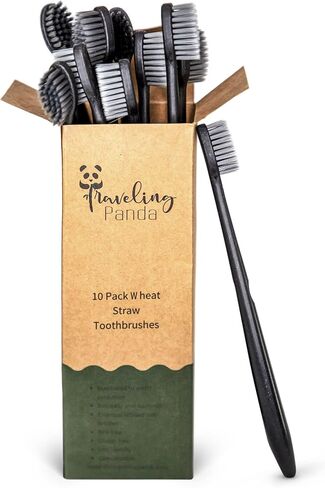 Wheat Straw Toothbrushes Bulk, Charcoal Infused Soft Bristles Whitening, Travel Toothbrush Kit, Essentials for on The Go Teeth Brushing, 10 Large Brushes in Saudi Arabia