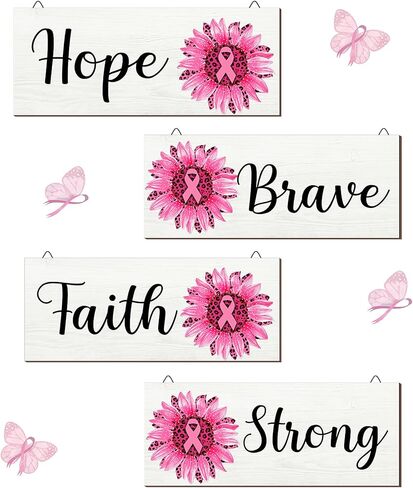 4 قطع من Yalikop للتوعية بسرطان الثدي، لافتة خشبية لسرطان الثدي، قطع خشبية معلقة، لافتة الشرفة، قطع خشبية معلقة لسرطان الثدي، مناسبة خيرية، لوازم ديكور غرفة المعيشة (وردي) in Kuwait