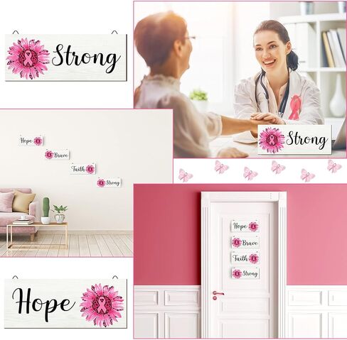 4 قطع من Yalikop للتوعية بسرطان الثدي، لافتة خشبية لسرطان الثدي، قطع خشبية معلقة، لافتة الشرفة، قطع خشبية معلقة لسرطان الثدي، مناسبة خيرية، لوازم ديكور غرفة المعيشة (وردي) in Kuwait