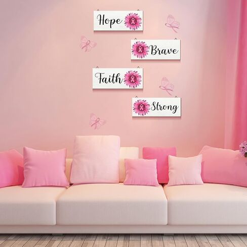 4 قطع من Yalikop للتوعية بسرطان الثدي، لافتة خشبية لسرطان الثدي، قطع خشبية معلقة، لافتة الشرفة، قطع خشبية معلقة لسرطان الثدي، مناسبة خيرية، لوازم ديكور غرفة المعيشة (وردي) in Kuwait