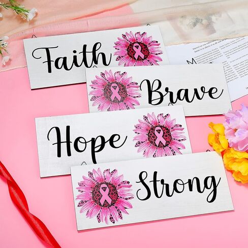 4 قطع من Yalikop للتوعية بسرطان الثدي، لافتة خشبية لسرطان الثدي، قطع خشبية معلقة، لافتة الشرفة، قطع خشبية معلقة لسرطان الثدي، مناسبة خيرية، لوازم ديكور غرفة المعيشة (وردي) in Kuwait