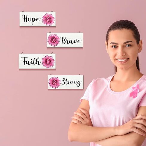 4 قطع من Yalikop للتوعية بسرطان الثدي، لافتة خشبية لسرطان الثدي، قطع خشبية معلقة، لافتة الشرفة، قطع خشبية معلقة لسرطان الثدي، مناسبة خيرية، لوازم ديكور غرفة المعيشة (وردي) in Kuwait