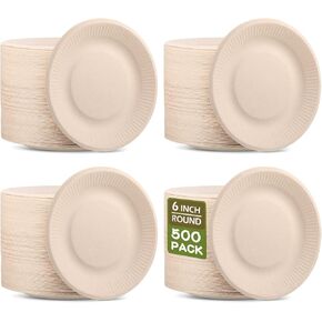 500 Counts Disposable Paper Plates Bulk Heavy Duty Sugarcane Brown Paper Plates Bulk Small Dessert Party Appetizer Cakes Restaurant Party Supplies (6 Inch)