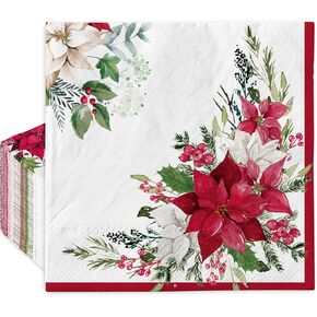 AnyDesign 80 Pack Christmas Paper Napkins Disposable Poinsettia Luncheon Napkins Decorative Xmas Dinner Hand Napkin for Party Supplies, 6.5 x 6.5 Inch