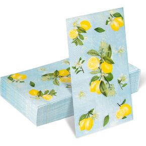 GROBRO7 Lemons Floral Napkins - 100 Pcs Lemon Flower Pattern Disposable Dinner Guest Towels, Bathroom Hotel 3 Ply Light Blue Paper Hand Towel for Theme Holiday Birthday Tea Party Table Supplies