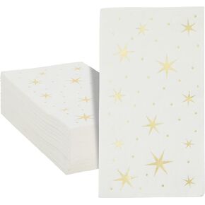 Juvale 50 Pack Gold and White Dinner Napkins with Stars, Decorative Disposable Gold Foil for Baby Shower, Birthday, Holidays (3-Ply, 4 x 8 In)