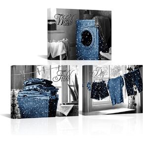 Visual Art Decor Laundry Room Wash Dry Fold Laundry Signs Laundry Room Decor Canvas Wall Art Framed 12x16inchx3Pieces (Grey)