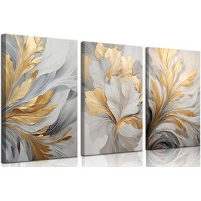 3Pcs Modern Abstract Golden White Leaves Canvas Wall Art Neutral Botanical Wall Decor Pictures Luxury Posters Prints for Living Room Bedroom Office Home Decorations, 12x16in