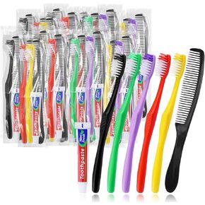 30 Pcs Disposable Toothbrushes with Toothpaste and Comb,10g Toothpaste,7inch Hair Comb,Individually Wrapped Single Use Travel Toothbrushes Kit Bulk for Homeless,Airbnb,Hotel,Guests(5 Colors)