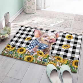 Floor Door Mats Shag Carpet Cute Pig Farm Animal Spring Sunflower Non Slip Super Soft Bath Rugs Classic Black and White Check,Shaggy Fuzzy Area Rug for Kitchen/Bathroom/Bedroom/Living Room Entrance