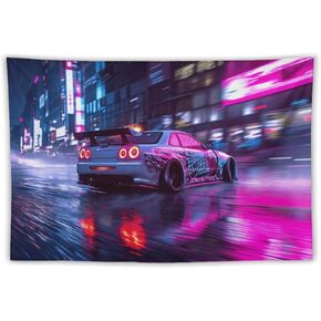 ANMOGID R35 Car Tapestry for Men Teen Boys, Neon Sports Car Tapestries City Night Wall Hanging Aesthetic Decoration for Bedroom Living Room Dorm Rainy Night Light Track Wall Art Decor 40"x60"