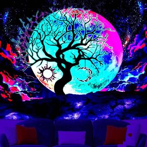Atrippy Blacklight Poster Sun and Moon Tree of Life Tapestry Large Galaxy Wall Tapestry for Bedroom Aesthetic Wall Hanging Art Decor for Living Room, 51"X60"