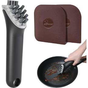 Cast Iron Scrubber ​Cleaning Brush - Cast Iron Brush +2 PCS Pan Dish Scraper Tool, Cast Iron Skillet Scrub Brush with Built-in Scraper & Non-Slip Handle, Cast Iron Cleaner for All Cookware