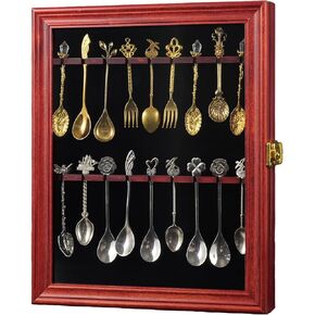 18 Souvenir Tea Spoon Display Case Wall Mount Lockable UV Protection Acrylic Door Wood Display Rack Stand for Spoon Collection(Fire Burning Color)