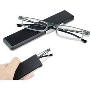 Foldable Slim Reading Glasses for Men Women Blue Light Blocking TR90 Compact Lightweight Computer Readers with Portable Ultra thin Case (Grey,+2.5)