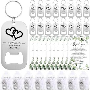 50 Sets Wedding Gifts for Guests Bottle Opener Keychain Bulk Beer Bottle Opener with Thank You Cards and Organza Bags Wedding Party Favors Bridal Shower Souvenir Wedding Thank You Gift