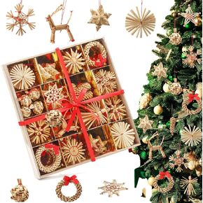 56 Pcs Christmas Straw Ornaments Scandinavian Decorations Swedish Straw Xmas Tree Ornaments Wheat Straw Woven Hanging Pendants Handmade Crafts Tradition Gifts for Xmas Party Farmhouse Home Decor