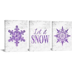 Nachic Wall 3 Piece Purple Canvas Wall Art Abstract Snowflakes with Snow Quotes Painting Poster Print for Bedroom Bathroom Decoraions Fashion Christmas New Year Gift