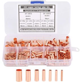 Nikou 250 Pcs 7 Sizes Wire Ferrules Kits Copper Tube Butt Connectors Kits Terminal Wire Hardware Supplies for Transmitters, Voltage Regulators