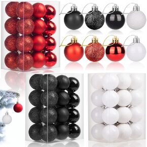 Small Christmas Ball Ornaments, 72 Pcs 1.2 Inch/30mm Mini Shatterproof Xmas Tree Decorations with 3 Glitter Color, Christmas Hanging Tree Decorative Balls for Party Home Decor (White, Black, Red)