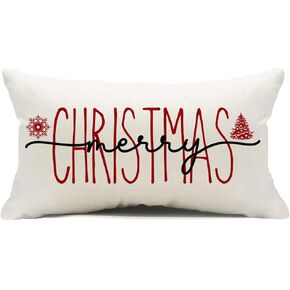Merry Christmas Christmas Decorations Pillow Cover, 12 x 20 Inch Christmas Saying Farmhouse Cushion Case for Sofa Couch(Beige,12''x20'')