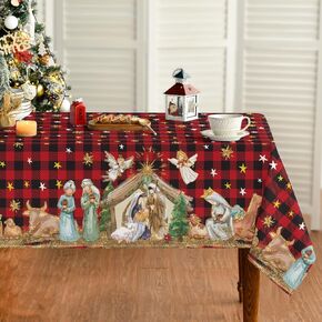 Horaldaily Christmas Tablecloth 60×84 Inch, Holy Nativity Red Buffalo Plaid Washable Table Cover for Party Picnic Dinner Decor