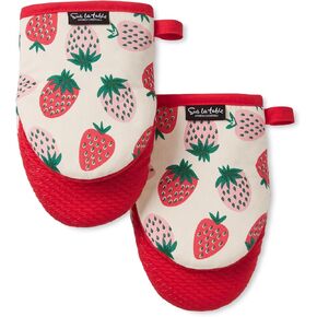 SUR LA TABLE Kitchen Essentials Quirky Strawberries Fruit Mini Oven Mitt 2-Pack Set, Heat Resistant, 100% Cotton, Flexible Non-Slip Silicone Grip, Pink/Green/Cream, 5.5"x8"