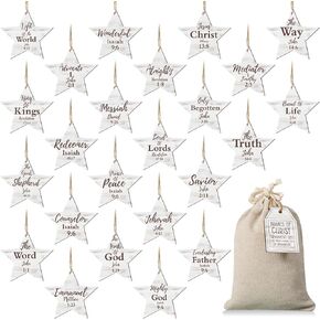 Landhoow 24 Pcs Christmas Names of Jesus Christ Ornament Wood Hanging Ornaments with The Savior Names Christmas Tree Ornament with Burlap Bag for Church Home Office Christmas Tree Decor (Star) in Kuwait