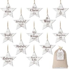 Landhoow 24 Pcs Christmas Names of Jesus Christ Ornament Wood Hanging Ornaments with The Savior Names Christmas Tree Ornament with Burlap Bag for Church Home Office Christmas Tree Decor (Star)