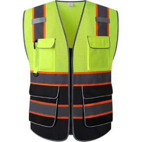UNINOVA High Visibility Safety Vest - Multi Pockets Reflective Mesh Breathable Workwear, ANSI/ISEA Standards (Large, Orange Mesh)