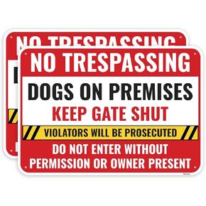 2PC Dogs On Premises Sign, 10 x 7 Inches - Aluminum - Beware Of Dogs Signs For Fence Warning Guard Dog Present On Duty Security