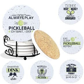 Pickleball Gifts for Women and Men - Appreciation Gifts - Absorbent Ceramic Coasters 6pc - Metal Holder & Cylinder Kraft Gift Box Included