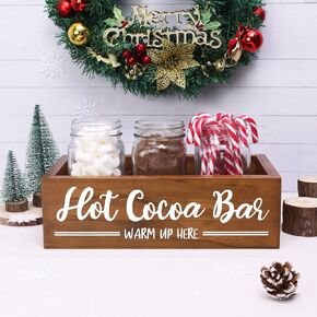 Hot Cocoa Bar Box Hot Chocolate Bar Tray Hot Cocoa Station Sign Wooden Farmhouse Decor Kitchen Organizer Wood Winter Decor Storage Holiday Decor