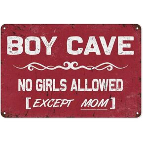 Tin Sign Painting Boy Cave Metal Sign No Girls Allowed Except Mom Sign Boy Room Wall Door Sign Decor for Teen Boys Bedroom Door Wall Decoration Tin Painting 8x12inch