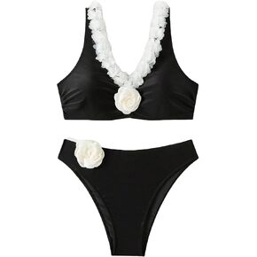 OYOANGLE Women's Plus Size 2 Piece Bikini Set Color Block 3D Floral V Neck Swimsuits Summer Beachwear