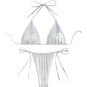 GORGLITTER Women's Metallic Swimsuit High Cut Tie Side Thong Triangle Bikini Set Bathing Suit Silver White Medium