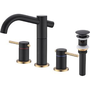 Black and Gold Bathroom Faucet Cross-Spout, Brass Bathroom Sink Faucet 3 Hole, 2-Handle 8 Inch Widespread Bathroom Faucet with Metal Waste Drain, Matte Black and Brushed Gold