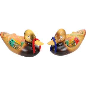 VOSAREA 2pcs Wooden Mandarin Ornament Hand Carved Figures Miniature Love Bird Decor Art Sculpture Wedding Collectible Decor
