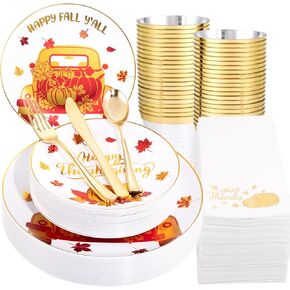 Nervure 175PCS Thanksgiving Plastic Plates - Fall plastic plates - White and Gold Plates with Pumpkin and Car Include 50 Gold Plates, 75Silverware, 25Cups, 25Napkins for Thanksgiving Party