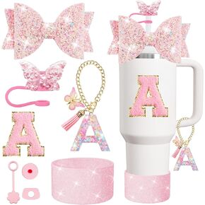 8PCS Stanley Cup Accessories Set for Stanley Cup 30oz 40oz Tumbler with Handle,Including Straw Topper Cover Cap and Boot,Spill Proof Stopper,Handle Charm,Initials Sticker (Pink K)