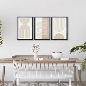 Wall Art Set of 3 Geometric Beige Spiral Wave 16"x11" Wooden Framed Mid Century Organic Abstract Neutral Sign Prints Nordic Boho Office Living Room Master Bedroom Wall Hang Decor (Wood)