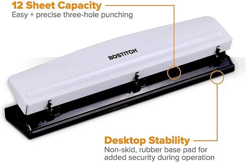 Bostitch Office 3 Hole Punch, Durable Metal,Rubber Base, 12 Sheets, Black in Saudi Arabia