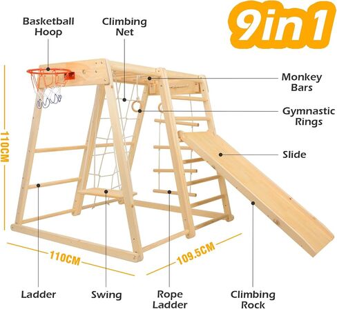Indoor Playground, Jungle Gym,Toddler Montessori Wood Playset 9-in-1 with Slide, Basketball, Swing, Swedish Ladder, Monkey Bars, Rope Ladder, Rock Wall Dome for Kid Ages 1-6 New in Saudi Arabia