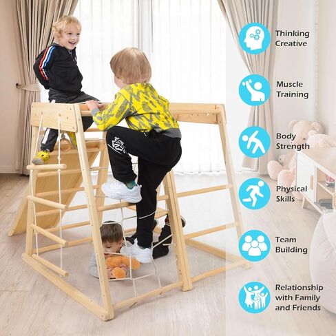Indoor Playground, Jungle Gym,Toddler Montessori Wood Playset 9-in-1 with Slide, Basketball, Swing, Swedish Ladder, Monkey Bars, Rope Ladder, Rock Wall Dome for Kid Ages 1-6 New in Saudi Arabia