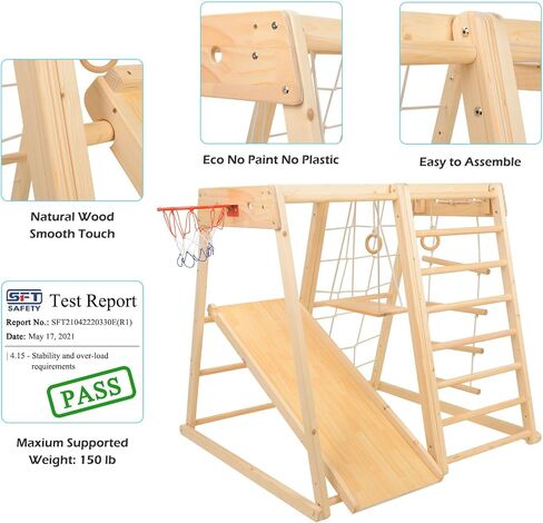 Indoor Playground, Jungle Gym,Toddler Montessori Wood Playset 9-in-1 with Slide, Basketball, Swing, Swedish Ladder, Monkey Bars, Rope Ladder, Rock Wall Dome for Kid Ages 1-6 New in Saudi Arabia