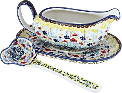 Blue Rose Polish Pottery Blue Violet Gravy Boat & Ladle in Kuwait
